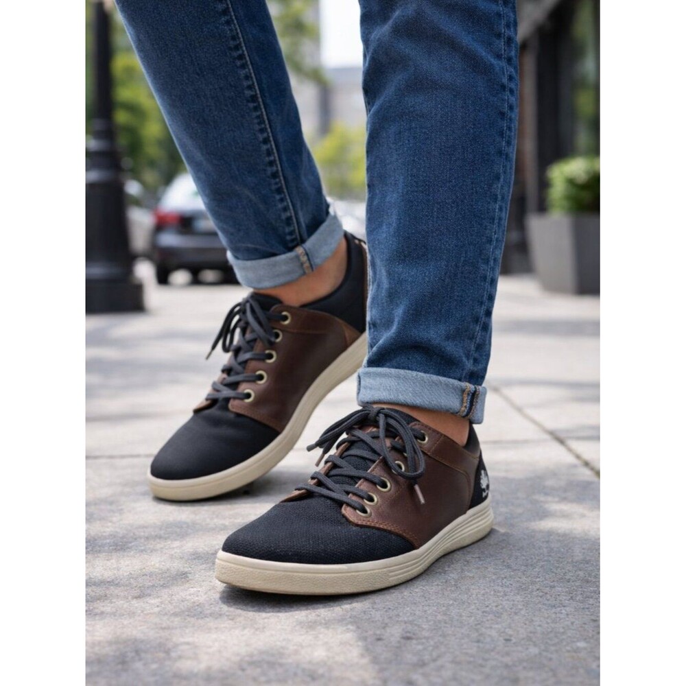 Timberland Men’s Sneakers Black Textile Brown Leather Size 10W Wide Casual
